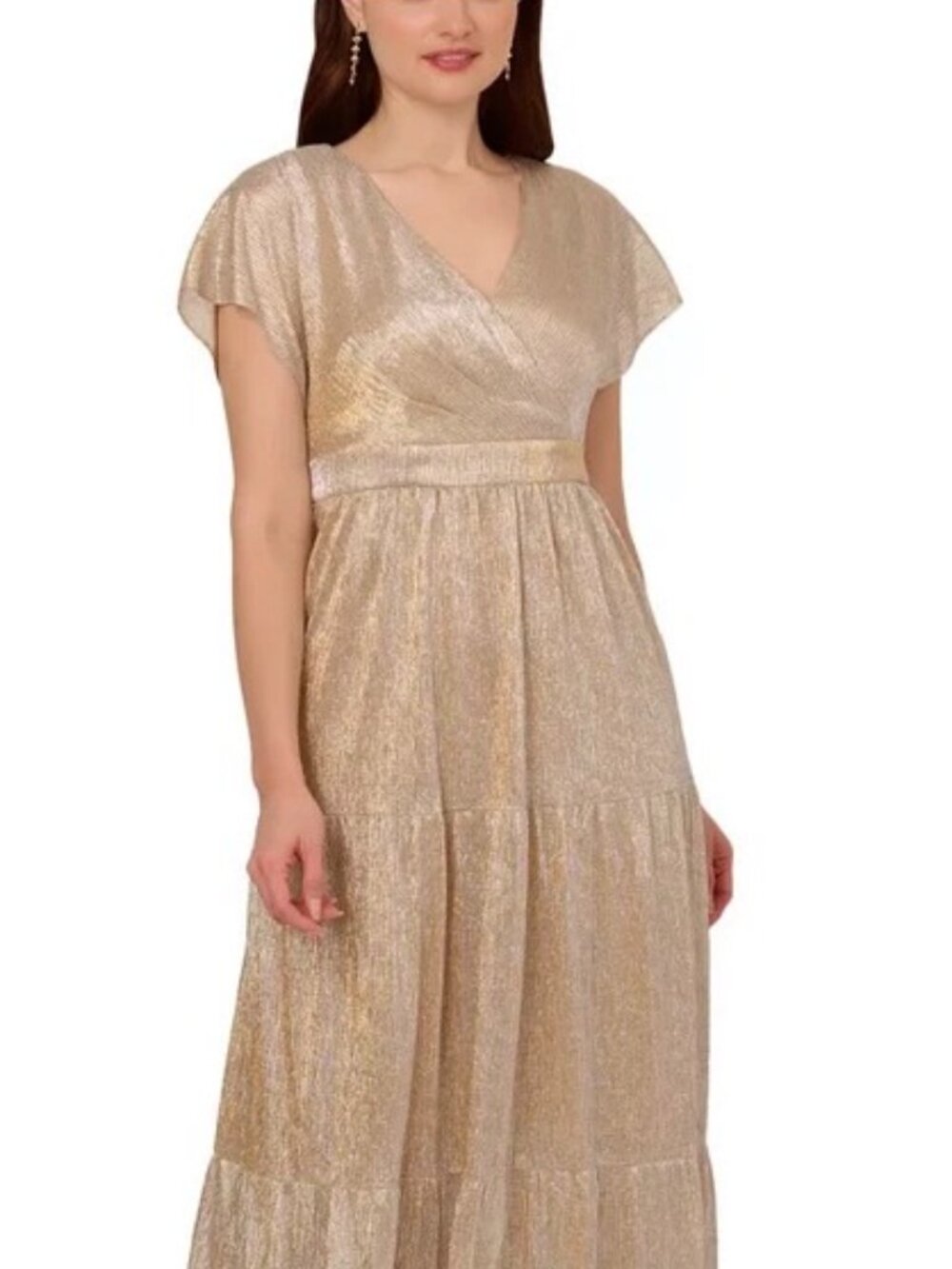 NWOT Adrianna Papell Gold Metallic Flutter Sleeve Gown. Size 10